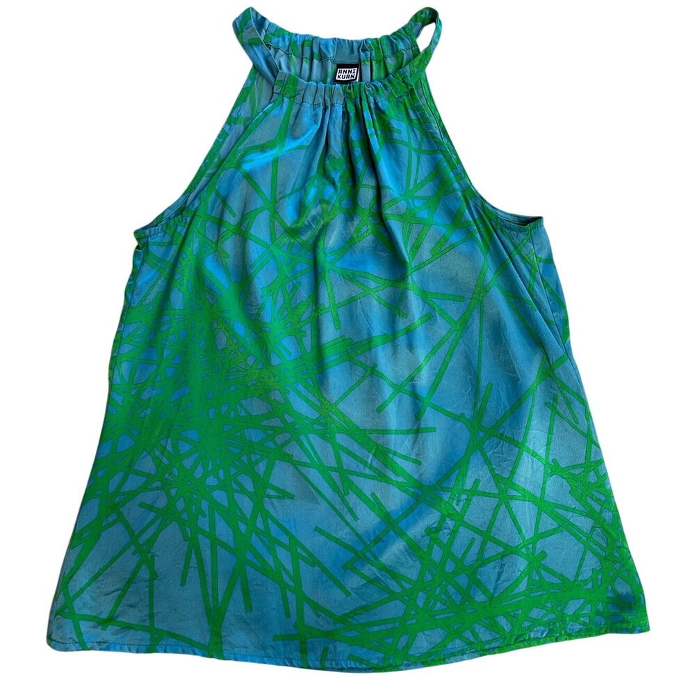 Anni Kuan Blue & Green Tropical Print High Neck Silk Tank/ Blouse Y2K Medium